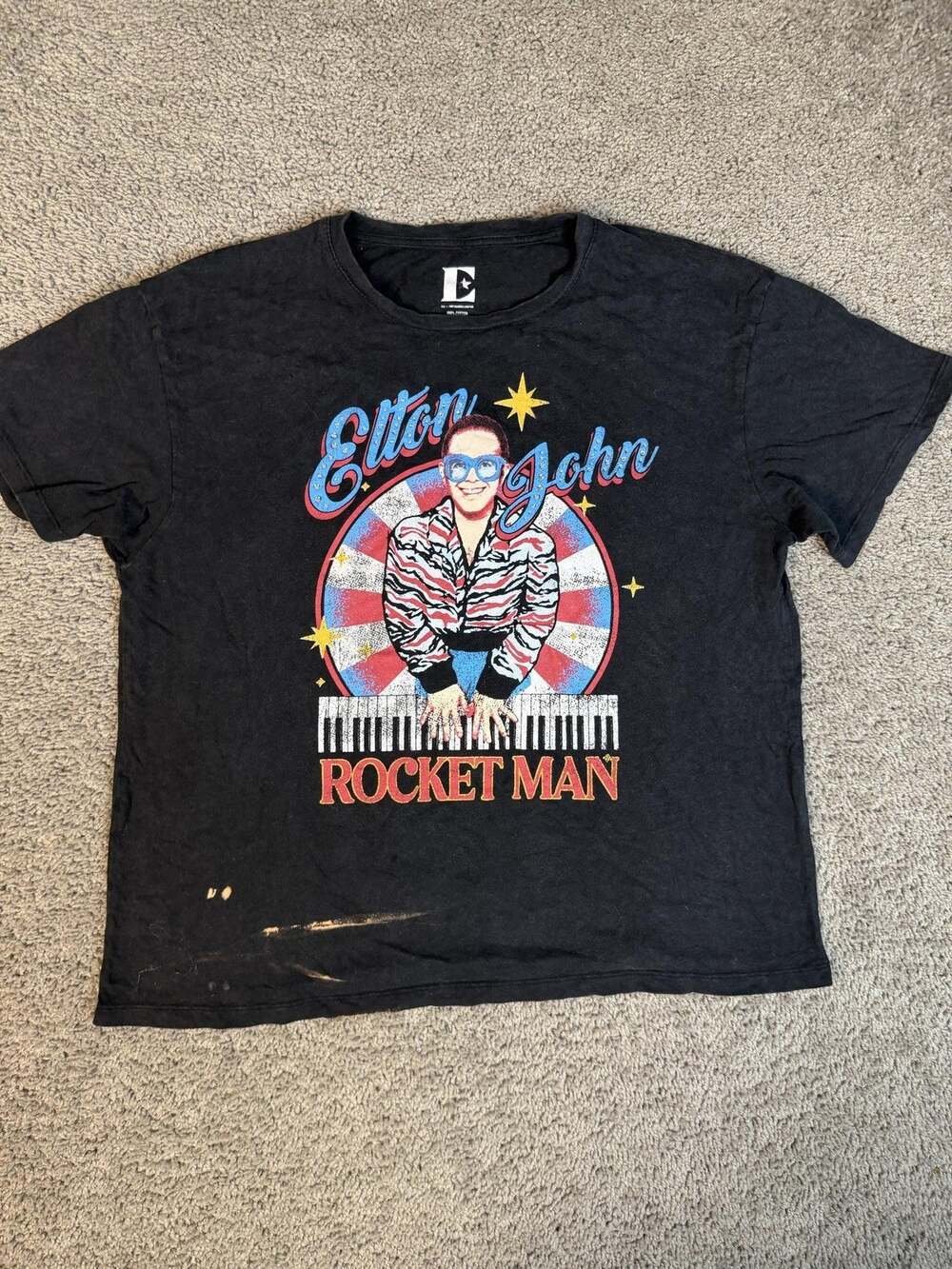 Elton John Shirt Womens L Black Rocket Man Graphic 100% Cotton Crew Neck